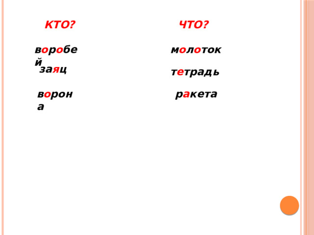 КТО? ЧТО? в о р о бей м о л о ток  за я ц т е традь в о рона р а кета 