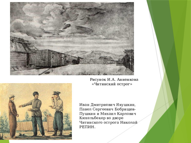 Иван Дмитриевич Якушкин, Павел Сергеевич Бобрищев-Пушкин и Михаил Карлович Кюхельбекер во дворе Читинского острога Николай РЕПИН . Рисунок И.А. Анненкова «Читинский острог» 