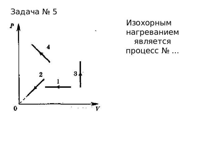 Задача № 5 Изохорным нагреванием является процесс № … 