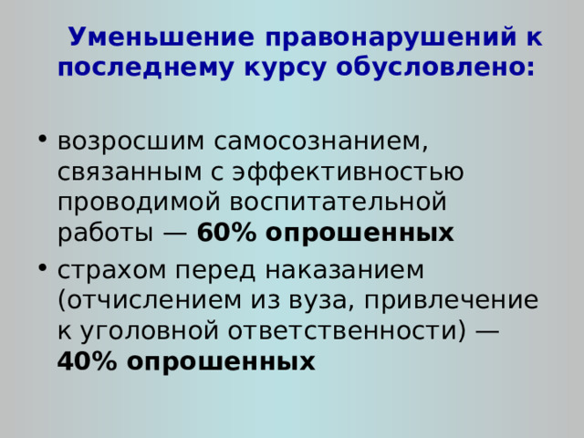  Уменьшение правонарушений к последнему курсу обусловлено:  возросшим самосознанием, связанным с эффективностью проводимой воспитательной работы — 60% опрошенных страхом перед наказанием (отчислением из вуза, привлечение к уголовной ответственности) — 40% опрошенных   