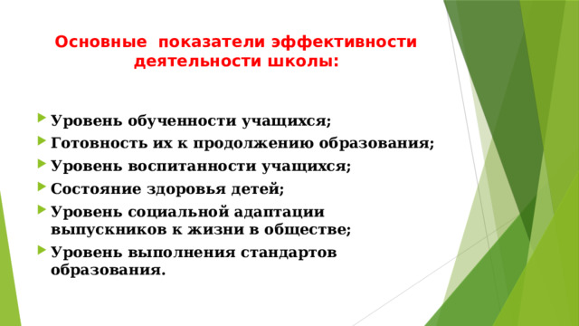 Основные показатели эффективности деятельности школы:   Уровень обученности учащихся; Готовность их к продолжению образования; Уровень воспитанности учащихся; Состояние здоровья детей; Уровень социальной адаптации выпускников к жизни в обществе; Уровень выполнения стандартов образования. 