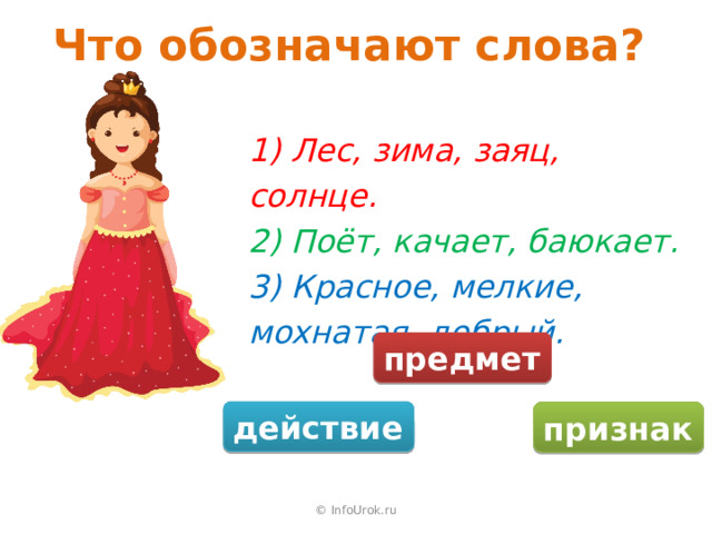 Что обозначают слова? 1) Лес, зима, заяц, солнце. 2) Поёт, качает, баюкает. 3) Красное, мелкие, мохнатая, добрый. предмет действие признак © InfoUrok.ru 