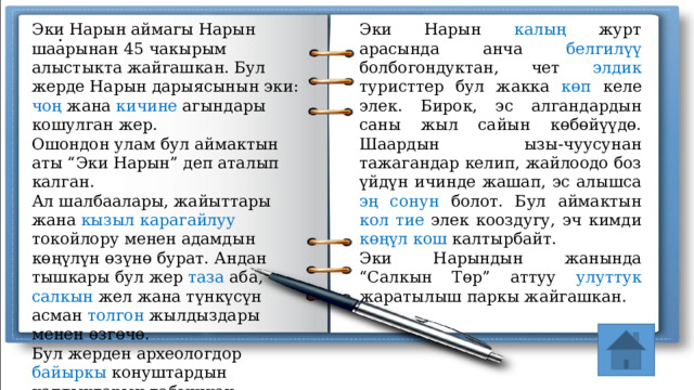 Эки Нарын аймагы Нарын шаарынан 45 чакырым алыстыкта жайгашкан. Бул жерде Нарын дарыясынын эки: чоң жана кичине агындары кошулган жер. Эки Нарын калың журт арасында анча белгилүү болбогондуктан, чет элдик туристтер бул жакка көп келе элек. Бирок, эс алгандардын саны жыл сайын көбөйүүдө. Шаардын ызы-чуусунан тажагандар келип, жайлоодо боз үйдүн ичинде жашап, эс алышса эң сонун болот. Бул аймактын кол тие элек кооздугу, эч кимди көңүл кош калтырбайт. Ошондон улам бул аймактын аты “Эки Нарын” деп аталып калган. Эки Нарындын жанында “Салкын Төр” аттуу улуттук жаратылыш паркы жайгашкан. Ал шалбаалары, жайыттары жана кызыл карагайлуу токойлору менен адамдын көңүлүн өзүнө бурат. Андан тышкары бул жер таза аба, салкын жел жана түнкүсүн асман толгон жылдыздары менен өзгөчө. Бул жерден археологдор байыркы конуштардын калдыктарын табышкан.  . 