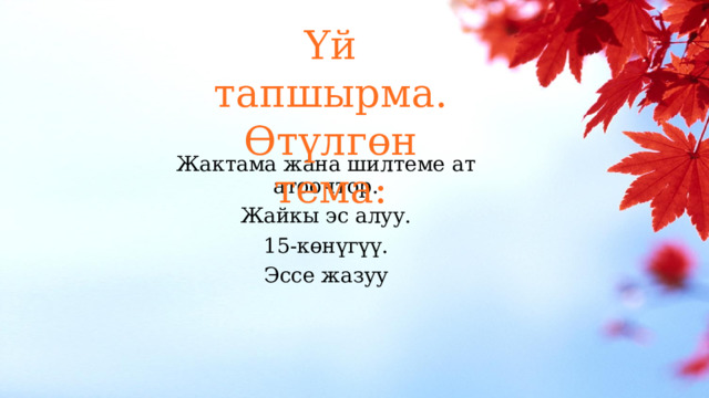 Үй тапшырма. Өтүлгөн тема: Жактама жана шилтеме ат атоочтор. Жайкы эс алуу. 15-көнүгүү. Эссе жазуу 