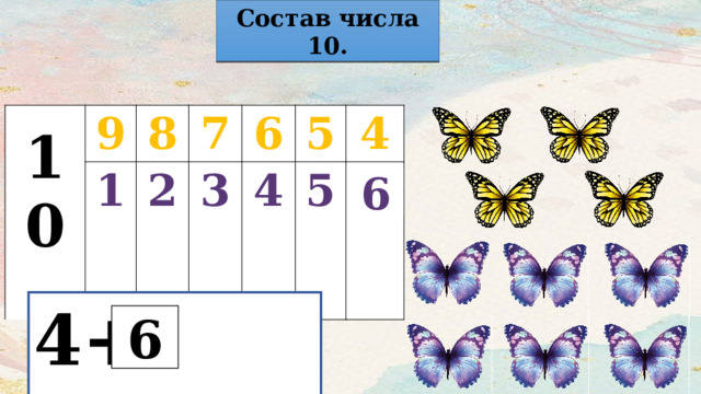 Состав числа 10.  10 9 1 8 7 2 3 6 5 4 4 5 6 4+ =10 6 