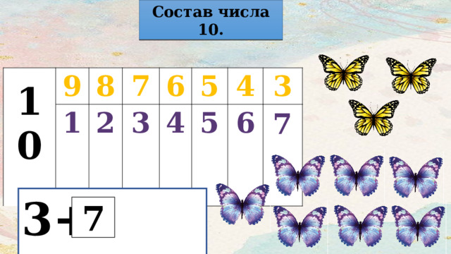 Состав числа 10.  9 10 1 8 7 2 3 6 5 4 5 4 6 3 7 3+ =10 7 