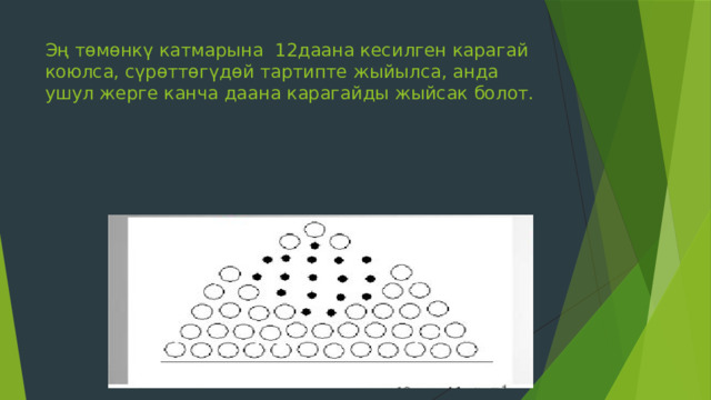 Эң төмөнкү катмарына 12даана кесилген карагай коюлса, сүрөттөгүдөй тартипте жыйылса, анда ушул жерге канча даана карагайды жыйсак болот. 