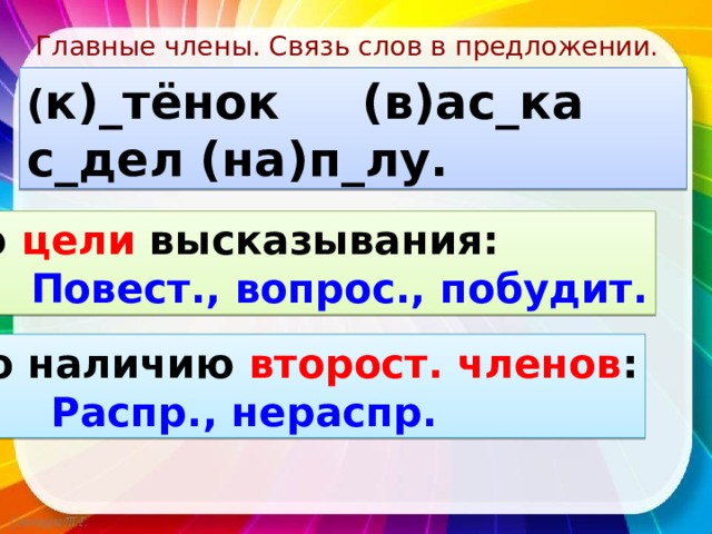 Главные члены. Связь слов в предложении. ( к)_тёнок (в)ас_ка с_дел (на)п_лу. По цели высказывания:  Повест., вопрос., побудит. По наличию второст. членов :  Распр., нераспр. 