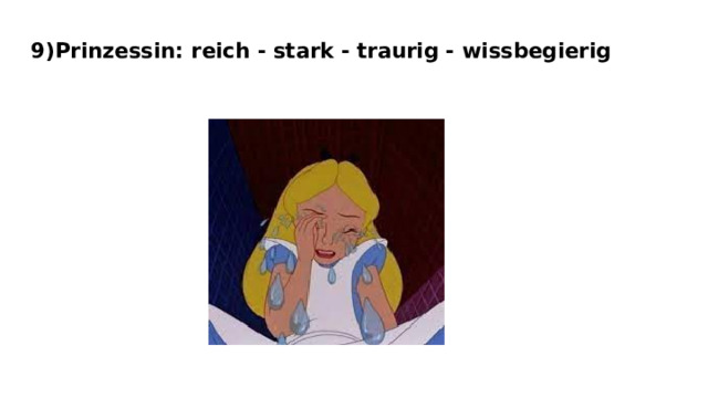 9)Prinzessin: reich - stark - traurig - wissbegierig 