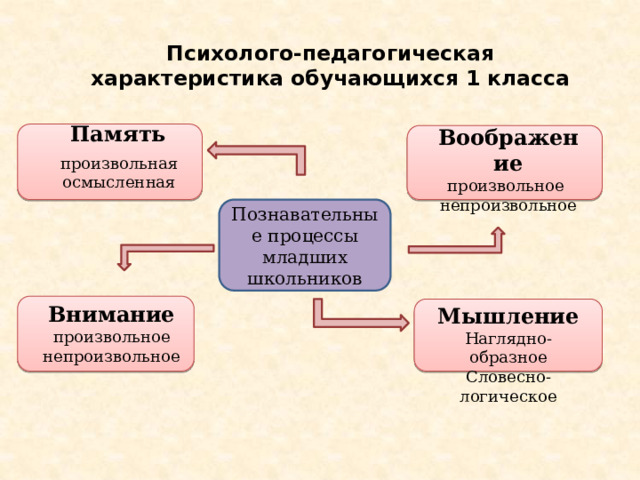 Психолого-педагогическая характеристика обучающихся 1 класса   Память Воображение произвольное непроизвольное   произвольная осмысленная Познавательные процессы младших школьников  Внимание произвольное непроизвольное Мышление Наглядно-образное  Словесно-логическое 