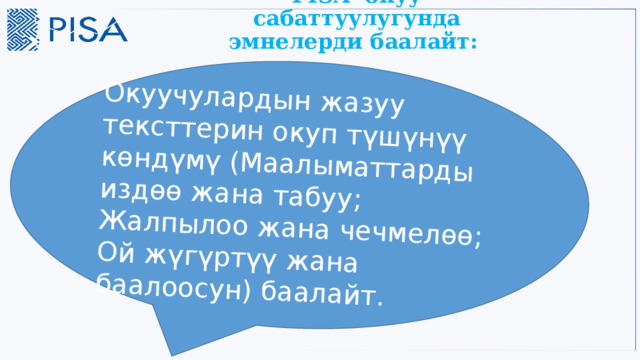 Окуучулардын жазуу тексттерин окуп түшүнүү көндүмү (Маалыматтарды издөө жана табуу; Жалпылоо жана чечмелөө; Ой жүгүртүү жана баалоосун) баалайт.   PISA окуу сабаттуулугунда эмнелерди баалайт:   