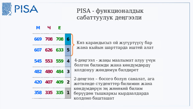 PISA - функционалдык сабаттуулук деңгээли   Көз карандысыз ой жүгүртүүсү бар жана кыйын шарттарда иштей алат  4-деңгээл - жаңы маалымат алуу үчүн болгон билимди жана көндүмдөрдү колдонуу жөндөмүн билдирет  2-деңгээл – босого болуп саналат, ага жеткенде студенттер билимин жана көндүмдөрүн эң жөнөкөй билим берүүдөн тышкаркы кырдаалдарда колдоно башташат  