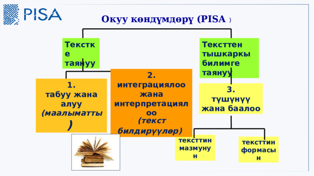 Окуу көндүмдөрү (PISA ) Текстке таянуу Тексттен тышкаркы билимге таянуу 2. интеграциялоо жана интерпретациялоо (текст билдирүүлөр)  1. табуу жана алуу (маалыматты )  3. түшүнүү жана баалоо тексттин мазмунун тексттин формасын 