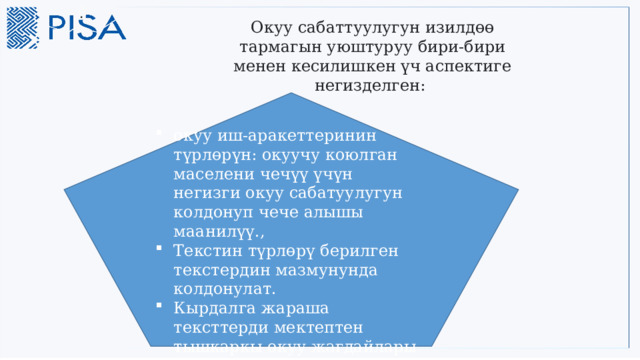 ,  .  Окуу сабаттуулугун изилдөө тармагын уюштуруу бири-бири менен кесилишкен үч аспектиге негизделген:  окуу иш-аракеттеринин түрлөрүн: окуучу коюлган маселени чечүү үчүн негизги окуу сабатуулугун колдонуп чече алышы маанилүү., Текстин түрлөрү берилген текстердин мазмунунда колдонулат. Кырдалга жараша тексттерди мектептен тышкаркы окуу жагдайлары да эске алынат.  