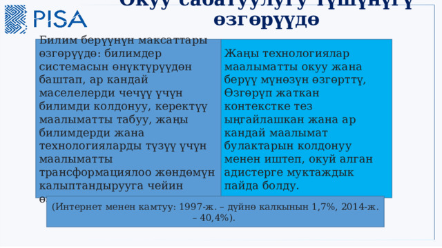 Окуу сабатуулугу түшүнүгү өзгөрүүдө Билим берүүнүн максаттары өзгөрүүдө: билимдер системасын өнүктүрүүдөн баштап, ар кандай маселелерди чечүү үчүн билимди колдонуу, керектүү маалыматты табуу, жаңы билимдерди жана технологияларды түзүү үчүн маалыматты трансформациялоо жөндөмүн калыптандырууга чейин өзгөрүүдө . Жаңы технологиялар маалыматты окуу жана берүү мүнөзүн өзгөрттү, Өзгөрүп жаткан контекстке тез ыңгайлашкан жана ар кандай маалымат булактарын колдонуу менен иштеп, окуй алган адистерге муктаждык пайда болду. (Интернет менен камтуу: 1997-ж. – дүйнө калкынын 1,7%, 2014-ж. – 40,4%).  