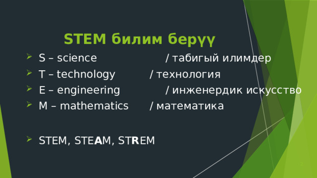 STEM билим берүү S – science      / табигый илимдер T – technology    / технология E – engineering    / инженердик искусство M – mathematics   / математика STEM, STE A M, ST R EM  