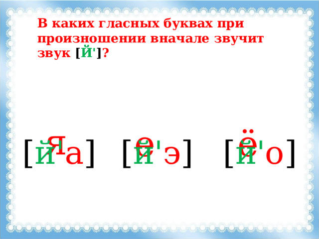 В каких гласных буквах при произношении вначале звучит звук [ Й' ] ?  я  е  ё [ й' э ] [ й' а ] [ й' о ] 