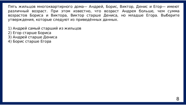 Пять жильцов многоквартирного дома— Андрей, Борис, Виктор, Денис и Егор— имеют различный возраст. При этом известно, что возраст Андрея больше, чем сумма возрастов Бориса и Виктора, Виктор старше Дениса, но младше Егора. Выберите утверждения, которые следуют из приведённых данных. 1) Андрей самый старший из жильцов 2) Егор старше Бориса 3) Андрей старше Дениса 4) Борис старше Егора 8 