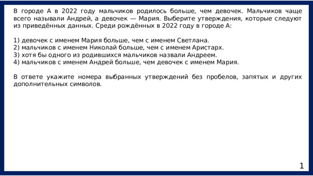 В городе А в 2022 году мальчиков родилось больше, чем девочек. Мальчиков чаще всего называли Андрей, а девочек — Мария. Выберите утверждения, которые следуют из приведённых данных. Среди рождённых в 2022 году в городе А:  1) девочек с именем Мария больше, чем с именем Светлана.  2) мальчиков с именем Николай больше, чем с именем Аристарх.  3) хотя бы одного из родившихся мальчиков назвали Андреем.  4) мальчиков с именем Андрей больше, чем девочек с именем Мария.  В ответе укажите номера выбранных утверждений без пробелов, запятых и других дополнительных символов. 1 