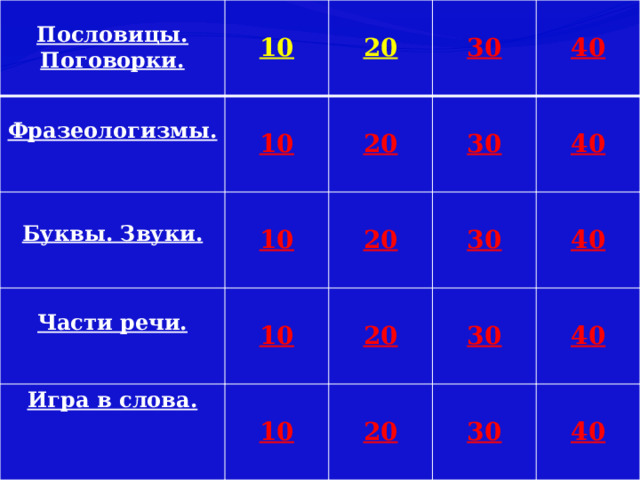   Пословицы.   Поговорки. 10   Фразеологизмы.    Буквы. Звуки. 10  20  Игра в слова. 10 Части речи.  30  20  30 20   40 10     40 10 20  30 30 20  40   40 30 40 