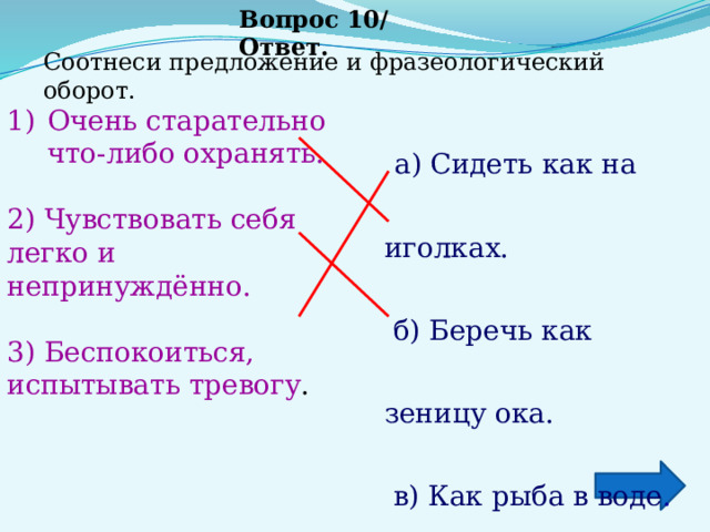 Вопрос 10/ Ответ. Соотнеси предложение и фразеологический оборот.    а) Сидеть как на иголках.   б) Беречь как зеницу ока.   в) Как рыба в воде . Очень старательно что-либо охранять. 2) Чувствовать себя легко и непринуждённо. 3) Беспокоиться, испытывать тревогу . 
