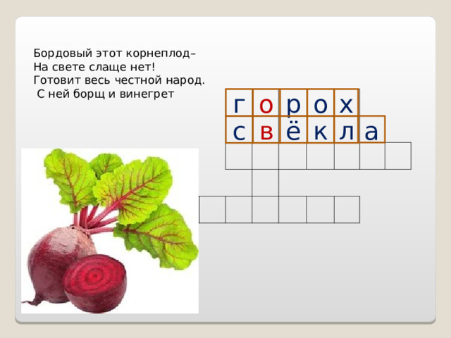 Бордовый этот корнеплод– На свете слаще нет! Готовит весь честной народ.  С ней борщ и винегрет г о р о х с в ё к л а 