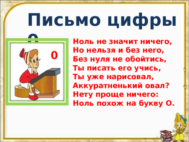 Письмо цифры 0. Ноль не значит ничего, Но нельзя и без него, Без нуля не обойтись, Ты писать его учись, Ты уже нарисовал, Аккуратненький овал? Нету проще ничего: Ноль похож на букву О. 0 