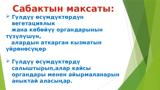 Сабактын максаты: Гүлдүү өсүмдүктөрдүн вегетациялык  жана көбөйүү органдарынын түзүлүшүн,  алардын аткарган кызматын үйрөнөсүңөр  Гүлдүү өсүмдүктөрдү салыштырып,алар кайсы органдары менен айырмаланарын аныктай аласыңар.  Гүлдүү өсүмдүктү таанып билүүгө жана аларга аяр мамиле жасоого,аны коргоого тарбияланасыңар   