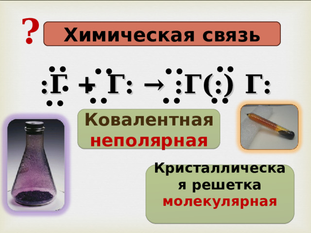 ? Химическая связь .. .. .. .. . . :Г + Г: → :Г(:) Г:  .. .. .. .. Ковалентная неполярная  Кристаллическая решетка молекулярная   