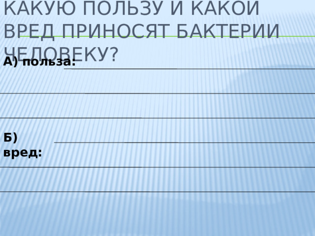 Какую пользу и какой вред приносят бактерии человеку? А) польза: Б) вред: 