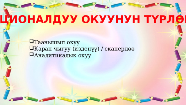 РАЦИОНАЛДУУ ОКУУНУН ТҮРЛӨРҮ: Таанышып окуу Карап чыгуу (изденүү) / сканерлөө Аналитикалык окуу 