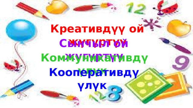 Креативдүү ой жүгүртүү Сынчыл ой жүгүртүү Коммуникативдүүлүк  Кооперативдүүлүк 