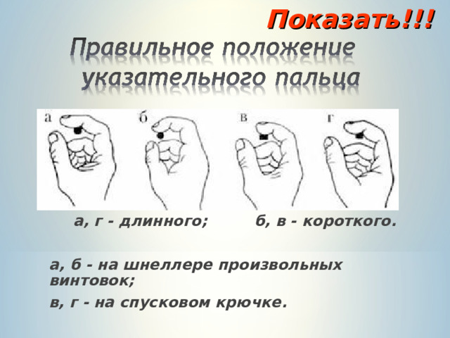 Показать!!! а, г - длинного; б, в - короткого.  а, б - на шнеллере произвольных винтовок; в, г - на спусковом крючке.  