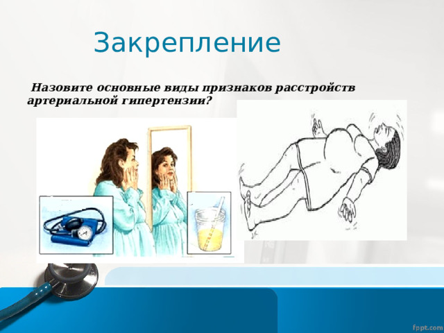 Закрепление  Назовите основные виды признаков расстройств артериальной гипертензии? 