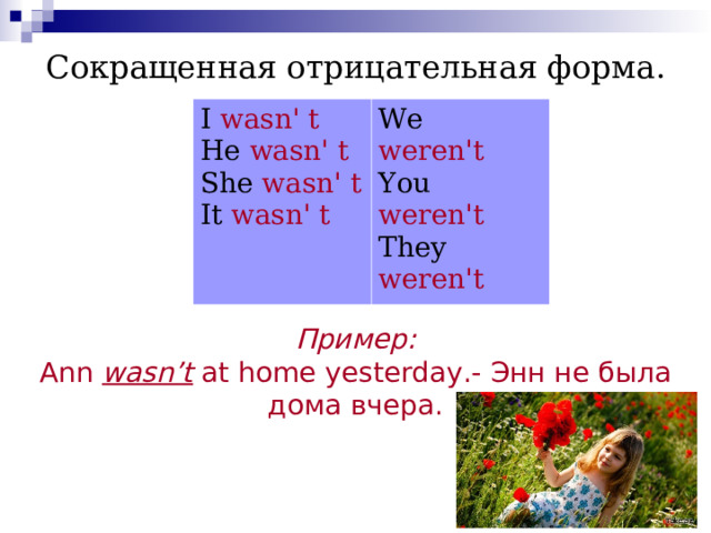 Сокращенная отрицательная форма .       Пример:  Ann wasn’t at home  yesterday.- Энн не была дома вчера.   I wasn' t   He wasn' t  She wasn' t  It wasn' t We weren't    You weren't  They weren't  
