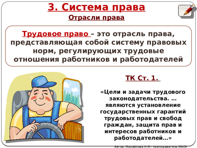 3. Система права Отрасли права Трудовое право – это отрасль права, представляющая собой систему правовых норм, регулирующих трудовые отношения работников и работодателей ТК Ст. 1.   «Цели и задачи трудового законодательства. … являются установление государственных гарантий трудовых прав и свобод граждан, защита прав и интересов работников и работодателей…» Автор: Михайлова Н.М.- преподаватель МАОУ «Лицей № 21» 