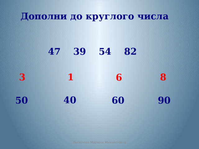 Дополни до круглого числа 47 39 54 82 8 3 1 6 40 50 60 90 Яковлева Марина Михайловна 