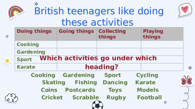 British teenagers like doing these activities Doing things Going things Cooking Collecting things Gardening Playing things Sport Karate Which activities go under which heading? Cooking Gardening Sport Cycling Skating Fishing Dancing Karate Coins Postcards Toys Models Cricket Scrabble Rugby Football 