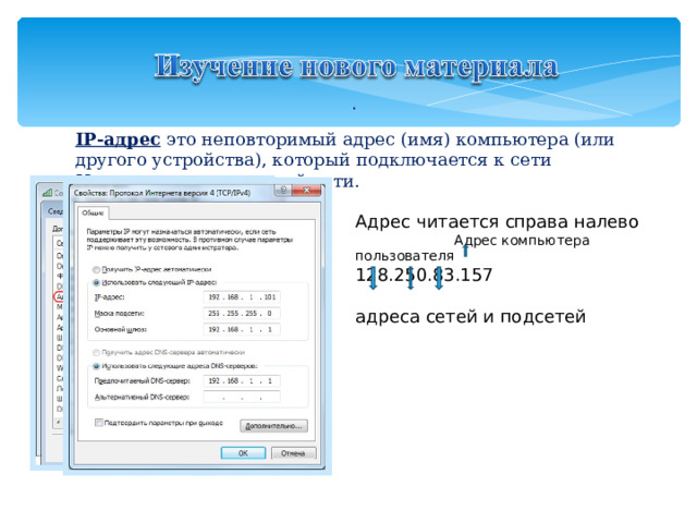. IP-адрес это неповторимый адрес (имя) компьютера (или другого устройства), который подключается к сети Интернет или локальной сети. Адрес читается справа налево  Адрес компьютера пользователя 128.250.83.157 адреса сетей и подсетей 
