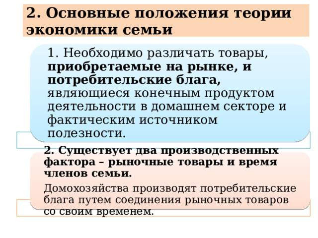 2. Основные положения теории экономики семьи 1. Необходимо различать товары, приобретаемые на рынке, и потребительские блага, являющиеся конечным продуктом деятельности в домашнем секторе и фактическим источником полезности. 2. Существует два производственных фактора – рыночные товары и время членов семьи. Домохозяйства производят потребительские блага путем соединения рыночных товаров со своим временем. 