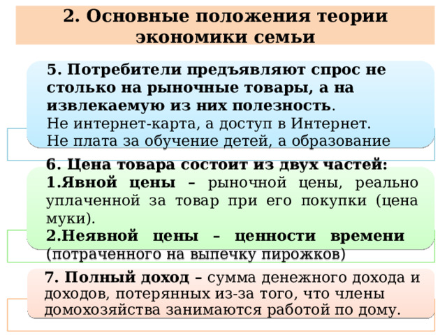 2. Основные положения теории экономики семьи 5. Потребители предъявляют спрос не столько на рыночные товары, а на извлекаемую из них полезность . Не интернет-карта, а доступ в Интернет. Не плата за обучение детей, а образование 6. Цена товара состоит из двух частей: 1.Явной цены – рыночной цены, реально уплаченной за товар при его покупки (цена муки). 2.Неявной цены – ценности времени (потраченного на выпечку пирожков) 7. Полный доход – сумма денежного дохода и доходов, потерянных из-за того, что члены домохозяйства занимаются работой по дому. 