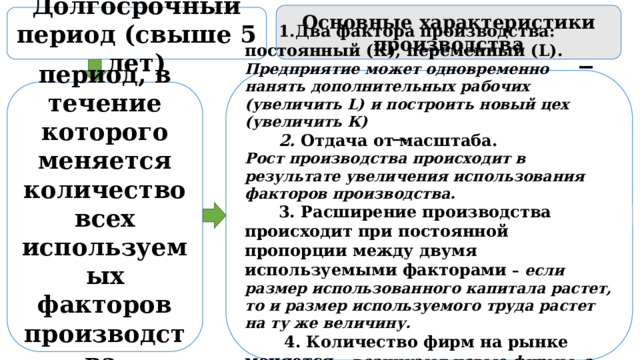 Основные характеристики производства Долгосрочный период (свыше 5 лет) _    1.Два фактора производства: постоянный (К), переменный (L). Предприятие может одновременно нанять дополнительных рабочих (увеличить L) и построить новый цех (увеличить К)  2. Отдача от масштаба. Рост производства происходит в результате увеличения использования факторов производства.  3. Расширение производства происходит при постоянной пропорции между двумя используемыми факторами – если размер использованного капитала растет, то и размер используемого труда растет на ту же величину.  4. Количество фирм на рынке меняется – возникают новые фирмы, а часть существующих разоряется или прекращает деятельность.  период, в течение которого меняется количество всех используемых факторов производства. 