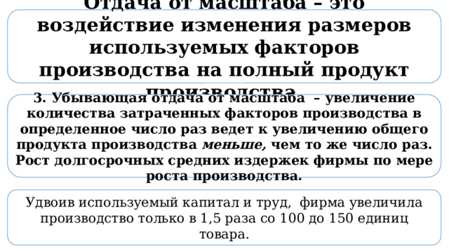 Отдача от масштаба – это воздействие изменения размеров используемых факторов производства на полный продукт производства  3. Убывающая отдача от масштаба – увеличение количества затраченных факторов производства в определенное число раз ведет к увеличению общего продукта производства меньше, чем то же число раз. Рост долгосрочных средних издержек фирмы по мере роста производства. Удвоив используемый капитал и труд, фирма увеличила производство только в 1,5 раза со 100 до 150 единиц товара. 