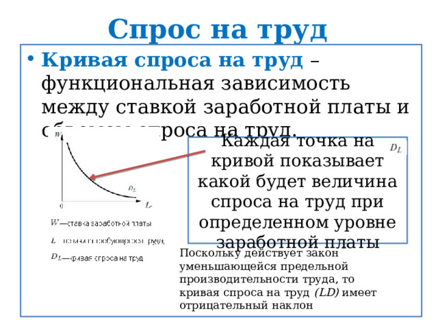 Спрос на труд Кривая спроса на труд – функциональная зависимость между ставкой заработной платы и объемом спроса на труд. Каждая точка на кривой показывает какой будет величина спроса на труд при определенном уровне заработной платы Поскольку действует закон уменьшающейся предельной производительности труда, то кривая спроса на труд  (LD)  имеет отрицательный наклон 
