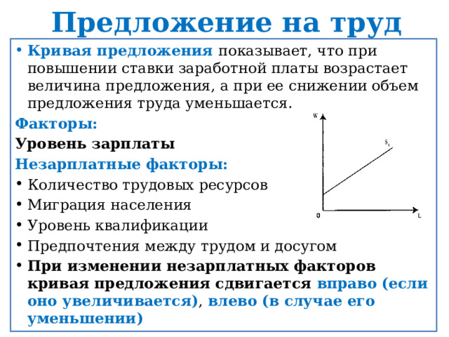 Предложение на труд Кривая предложения показывает, что при повышении ставки заработной платы возрастает величина предложения, а при ее снижении объем предложения труда уменьшается. Факторы: Уровень зарплаты Незарплатные факторы: Количество трудовых ресурсов Миграция населения Уровень квалификации Предпочтения между трудом и досугом При изменении незарплатных факторов кривая предложения сдвигается вправо (если оно увеличивается) , влево (в случае его уменьшении) 