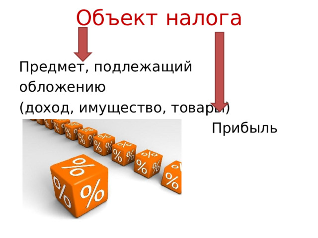 Объект налога   Предмет, подлежащий обложению (доход, имущество, товары)  Прибыль 