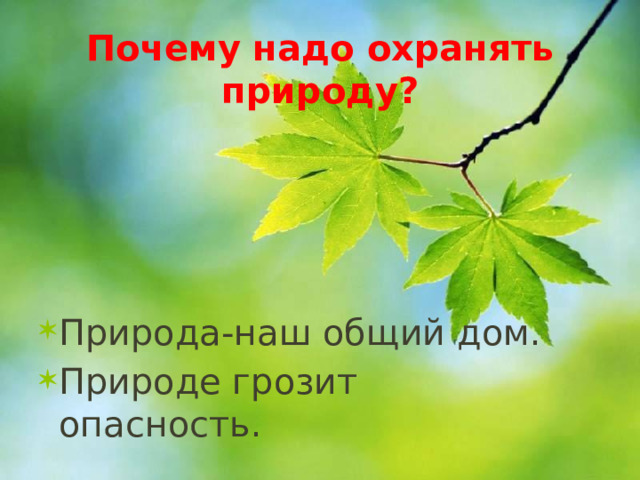 Почему надо охранять природу? Природа-наш общий дом. Природе грозит опасность. 