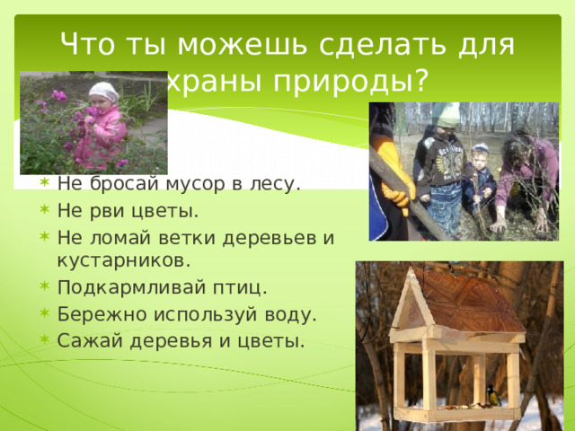 Что ты можешь сделать для охраны природы? Не бросай мусор в лесу. Не рви цветы. Не ломай ветки деревьев и кустарников. Подкармливай птиц. Бережно используй воду. Сажай деревья и цветы. 
