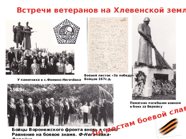 По местам боевой славы Встречи ветеранов на Хлевенской земле Боевой листок «За победу» Бойцов 167с.д. У памятника в с.Фомино-Негачёвка 1989г. Памятник погибшим воинам в боях за Верейку Бойцы Воронежского фронта вновь в строю Равнение на боевое знамя. Ф-Негачёвка-Верейка 