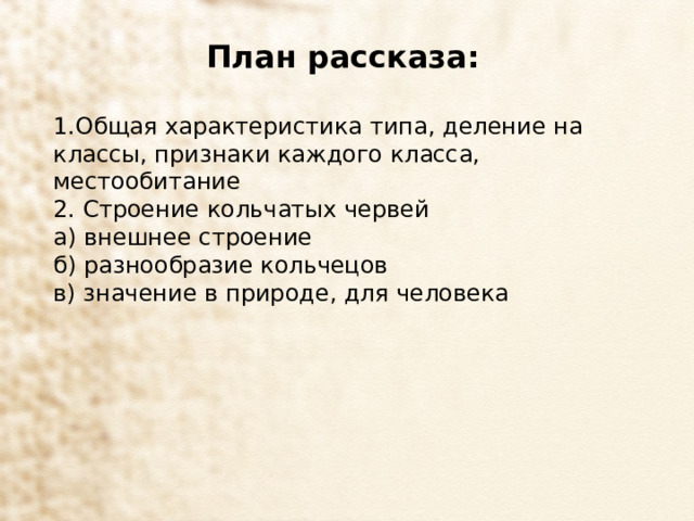 План рассказа:  1.Общая характеристика типа, деление на классы, признаки каждого класса, местообитание  2. Строение кольчатых червей а) внешнее строение  б) разнообразие кольчецов в) значение в природе, для человека  